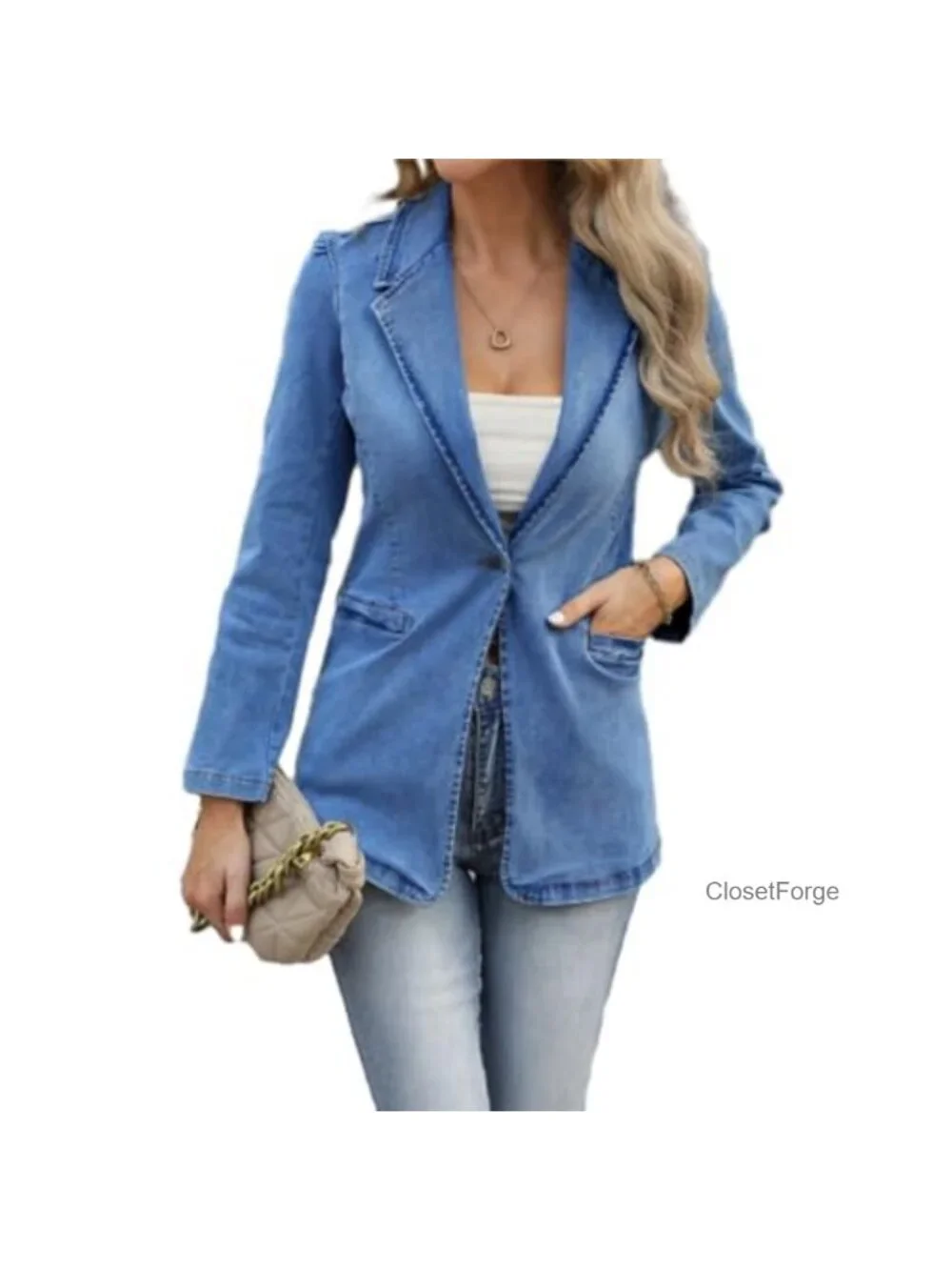 Oversized Denim Jean Blazer Jacket Women Button Up Long Sleeve Casual Suit
